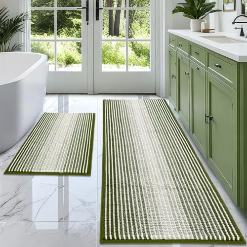 BSICPRO Bathroom Rugs Sets 2 Piece, Non Slip Striped Bath Mats, Sage by BSICPRO
