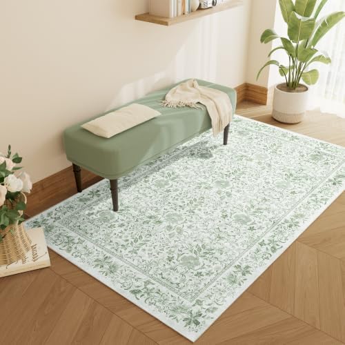 DUKINO 3x5 Rug Washable Vintage Floral Bedroom Area Rug Non Slip Sage Green by DUKINO