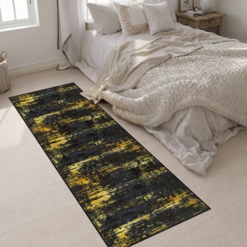 2.6x8 Washable Runner Rug：Modern Abstract Soft Carpet Black Gold - Image 4