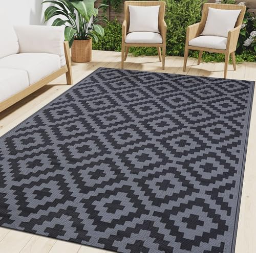 Smiry Outdoor Rug 4x6 ft Waterproof Reversible Boho Mat, Black & Grey by Smiry