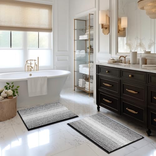 BSICPRO Bathroom Rugs Sets 2 Piece, Non Slip Striped Bath Mats, Black by BSICPRO
