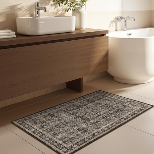 Washable Small Door Rug 2'x3', Vintage MCM, Black/Brown/Beige - Image 3
