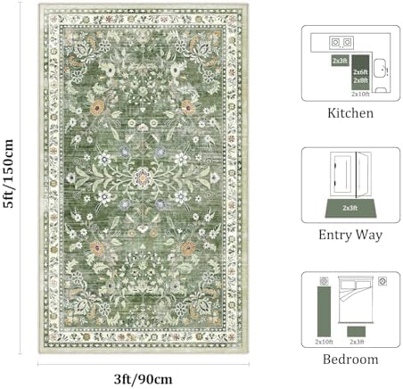 Yamaziot 3x5 Washable Area Rug for Bedroom Floral Carpet Sage Green - Image 2