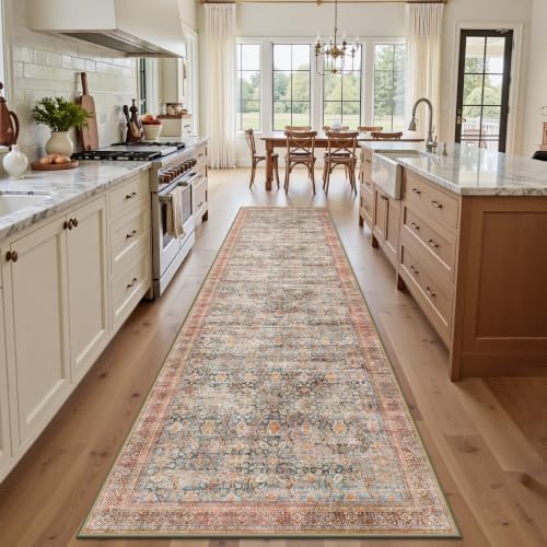 2x10 Hallway Runner Rug, Washable Vintage Retro Long Runner Rugs for Kitchen Laundry, Soft Ultra Thin Non Slip Low Pile Traditional Distressed Boho Carpet for Bedroom Bathroom, Rust Clay by Yarooge