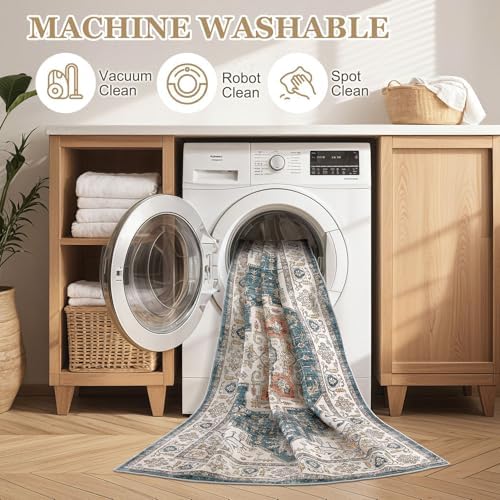 6ft Round Rug: Washable Vintage Blue Area Rugs for Living Room - Image 5