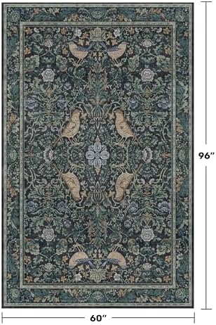 Cottagecore 5x8 Throw Rugs for Living Room, Washable Forest Rugs for Dining Room, Non Slip 5 by 8 Bedroom Under Bed, Low Pile Soft Carpet (Navy Blue & Deep Teal) - Image 2