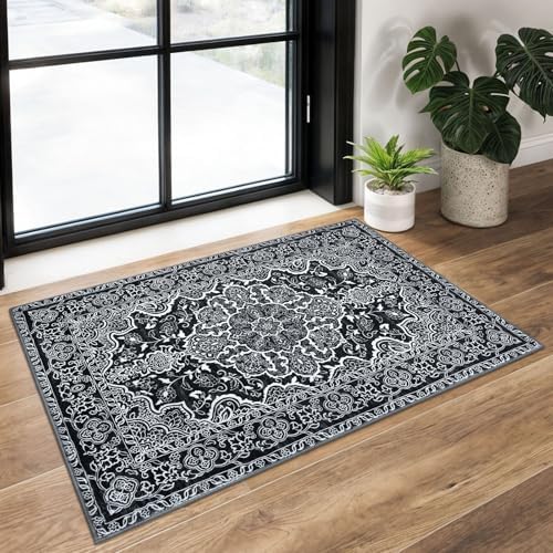KUTA Oriental Small Area Rug 2x3 Black Washable Black Entryway Rugs by KUTA