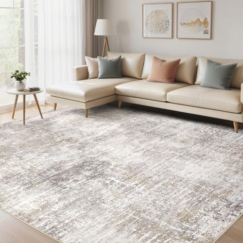 kakania Abstract 12x15 Area Rugs for Living Room: Washable Rugs Brown Gold by kakania