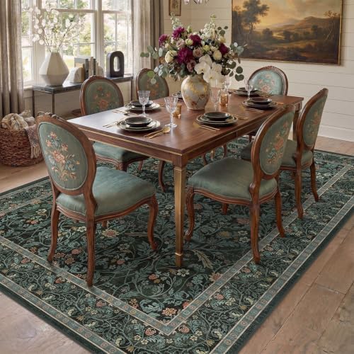 Dusty Teal Area Rug for Entryway Living Room, Floral Washable Rugs 5x7 for Bedroom, Dining Room, Moody Home Office Décor, Low Pile Non Slip Mat Indoor, Forest Botanical Pattern Carpet(Dark Green) - Image 3