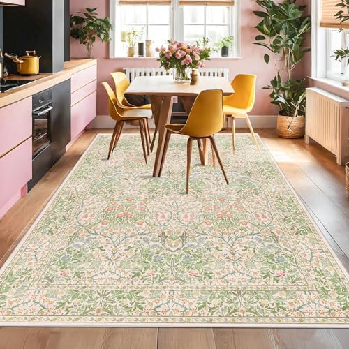 Hazo Haus Light Beige Green Floral Living Room Rug, 7x9 Washable Area Rug for Kids Room, Bedroom, Nursery Room, Living Room, Dining Room, Low Pile Non-Slip - Vintage Design & Stain Resistance - Image 6
