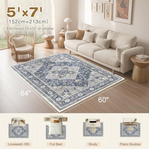 Washable 5x7 Area Rugs: Gray Blue Rug for Living Room - Image 2