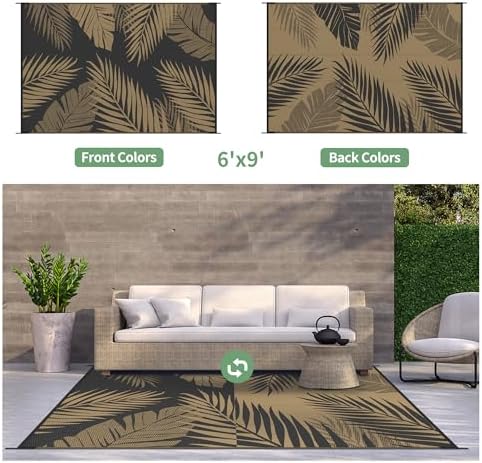 GENIMO Outdoor Rug, Waterproof Plastic Rugs for Patio, 6'x9' Black Brown - Image 2
