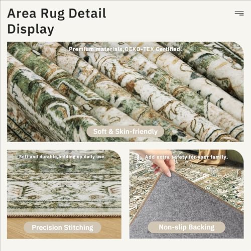 Soalmost 5x7 Area Rug Low Pile Washable Trendy Faded Style Rug, Olive Beige - Image 6