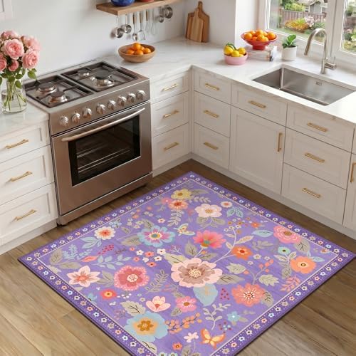 RELEANY Floral Washable Square 4ft Area Rug Purple/Pink by RELEANY
