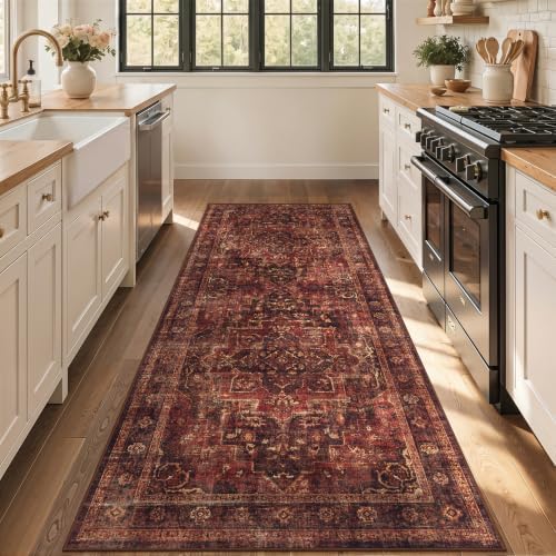 Washable Hallway Runner Rug 3'x7', Vintage Medallion, Dark Red - Image 4