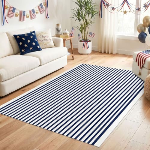 KILOCOCO Blue White Striped Rug 4x6 ft Front Door Mat Indoor Washable Rug - Image 4