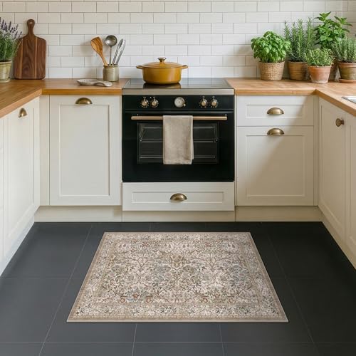 Moss Green Washable 2x3 Entry Rug - Front Door Rugs Indoor, Vintage Floral Style Small Rug for Kitchen, Bathroom, Non-Slip Boho Vintage Dark Taupe Entryway Décor - Image 3
