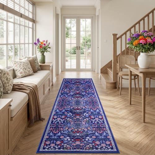 PLHXFR 2.6x10 Washable Runner Rug：Floral Indoor Kitchen Soft Carpet Blue - Image 3