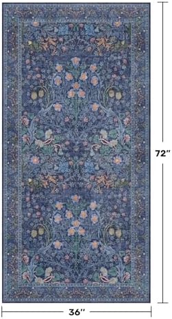 Vintage Dark Blue 3x6 Runner Rugs for Large Entryway, Bedroom Beside Rug, Kitchen, Laundry Room, Non-Slip Low Pile Ultra Soft Stain Resistant Small Floral Carpet - Image 2
