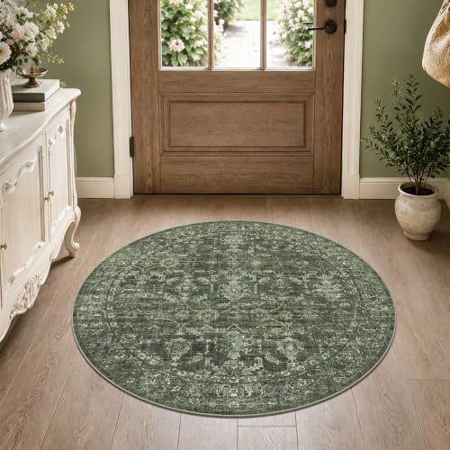 3ft Round Washable Office Rug Non-Slip Retro Dark Green Throw Carpet by HOME