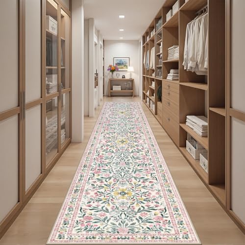 PLHXFR 2.6x14 Washable Runner Rug：Floral Indoor Kitchen Carpet Pink Green - Image 5