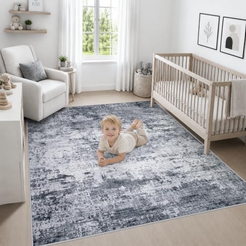 Area Rug Living Room: 6x6 Modern Washable Indoor Soft Carpet Grey - Image 5