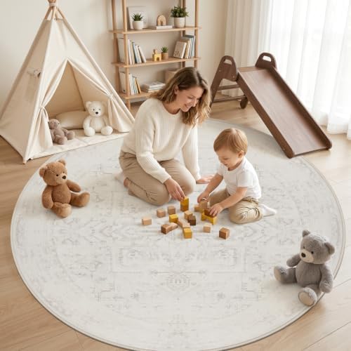 Round Area Rug Living Room: 6ft Washable Carpet Neutral Cream - Image 3