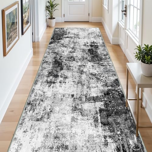 5x12 Runner Rug for Wide Hallway: Long Washable Runners for Entryway Living Room Dining Room - Stain and Water Resistant Rugs with Non-Slip Backing - Soft Low-Pile Carpet Black Grey - Image 2