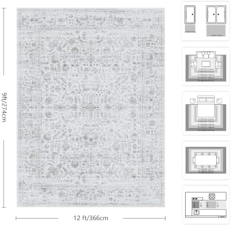 9x12 Area Rugs for Living Room, Washable Vintage Retro Floral Rug, Low Pile Non Slip Distressed Large Carpet for Bedroom, Dining Room, Office, Home (Grey) - Image 2
