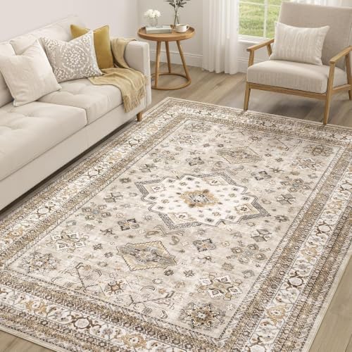 cotiled 7x9 Area Rug for Living Room, Washable, Traditional, Beige by COTILED