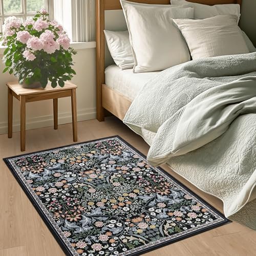 PLHXFR 2x3 Small Entryway Rug: Floral Washable Indoor Carpet Dark Black - Image 3