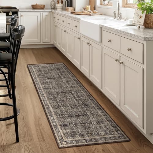 Washable Hallway Runner Rug 2'x6', Vintage MCM, Black/Brown/Beige - Image 3