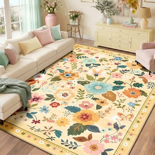 RELEANY Floral Washable 9x12 Area Rugs Yellow/Orange by RELEANY