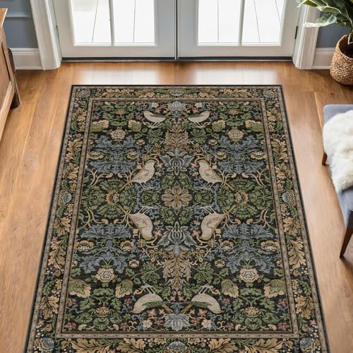 Washable 4x6 Area Rug for Living Room - Soft Moody Rug for Kitchen, Office, Large Entryway, Rustic Botanical Decor, Non-Slip Low Pile Dark Green and Brown Ultra Soft Bird Carpet by HazoHaus