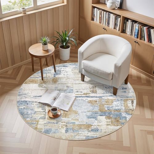 kakania Abstract 5x5 Round Rugs for Living Room: Circle Rugs 5FT Blue Gold by kakania