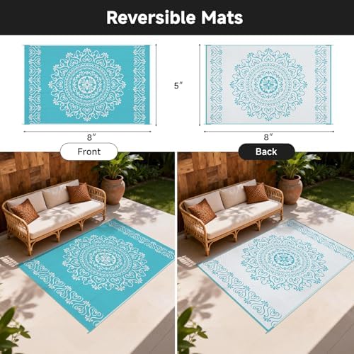 Pauwer Outdoor Rug 5x8, Waterproof Plastic Straw Camping Rug, Floral Teal - Image 2