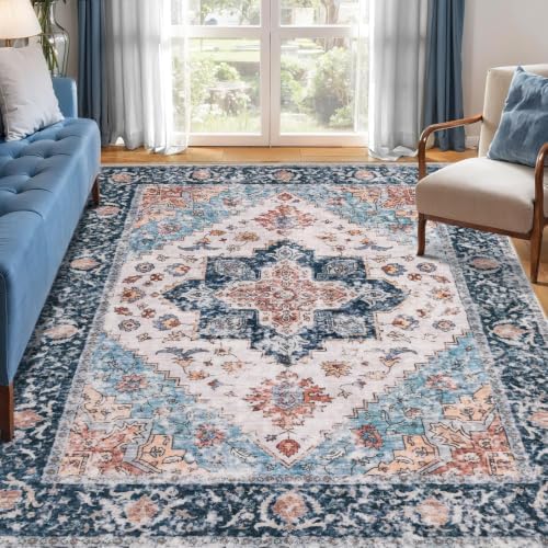 SERISSA 5x7 Washable Non Slip Boho Area Rug for Living Room，Blue Orange by SERISSAHomeDecorCollection