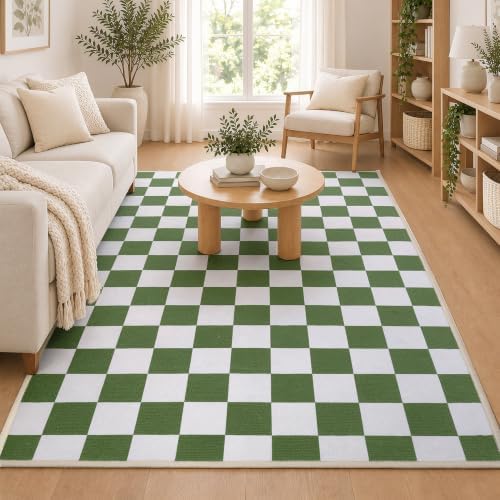 4x6 Checkered Area Rug for Living Room, Soft Low Pile Dark Green rugs by Unknown