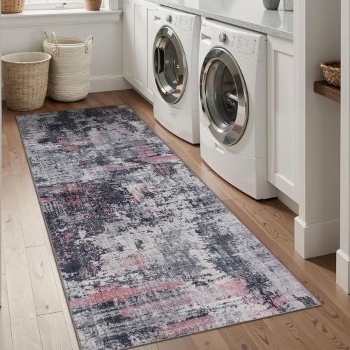 Sasttie 2x8 Runner Rug, Modern Abstract Hallway Carpet, Black & Pink by SASTTIE