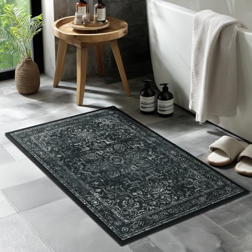 Distressed Black Kitchen 2x3 Rugs Non Slip Washable, Vintage Medallion Pinted Dark Door Mat Indoor Entrance Entryway, Small Low Pile Rugs for Bathroom Vanity/Laundry Room/Bedroom - Image 4