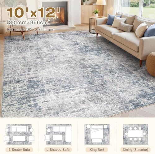 kakania Abstract 10x12 Area Rugs for Living Room: Washable Rugs Blue Grey - Image 2