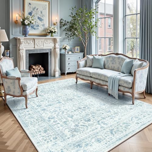 6x9 Area Rugs, Washable Vintage Retro Floral Rug for Living Room, Low Pile Non Slip Distressed Large Carpet for Bedroom, Dining Room, Office, Home (Blue) by Yarooge