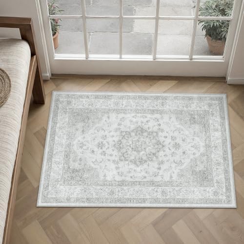 PureCozy Grey 2x4 Washable Area Rug Entryway Vintage Oriental Doormat by PureCozy