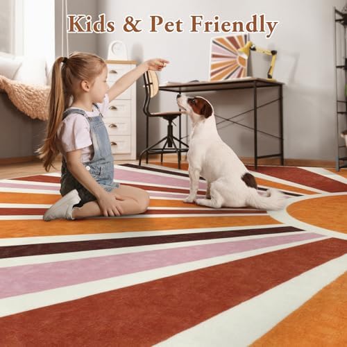 LIVEBOX Round Washable Rug 5.2ft Sun Circular Nursery Rug Girl for Kids Room, Soft Colorful Circle Rugs Cute for Girls Room, Non-Slip Cozy Retro Rainbow Round Rug for Classroom Play Room - Image 3