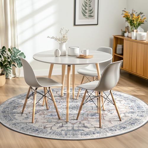 BESTSWEETIE Washable Boho Round 4ft Area Rug for Living Room, Beige Blue - Image 4