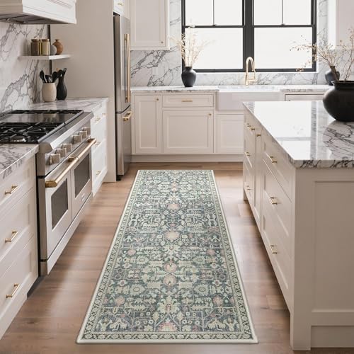 Bavni 2.5x6 Kitchen Runner Rug, Washable Non Slip, Green/Blue by BAVNI
