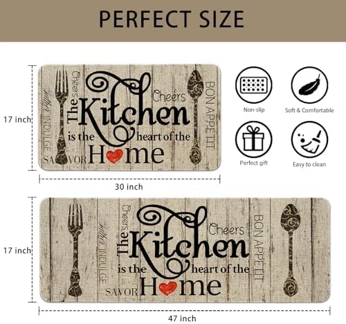 Farmhouse Kitchen Mats for Floor 2 Piece, The Kitchen is The Heart of The Home Grey Rustic Kitchen Rugs Decor Sets of 2 Non Slip Washable - Image 3