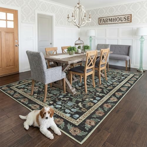 Washable Dining Room Rugs for Under Table - 6x9 Gold Black Floral Area Rug for Living Room, Low Pile Non Slip Floor Carpet for Bedroom, Vintage Distressed Ultra Soft Stain Resistance - Image 3