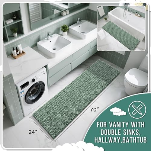 Yimobra Bathroom Runner Rug 70x24 Inch - Extra Long Non Slip Chenille Bath Mat, Soft & Absorbent, Machine Washable Shaggy Hallway Carpet for Vanity Tub Shower, Green Home Decor Accessories - Image 2