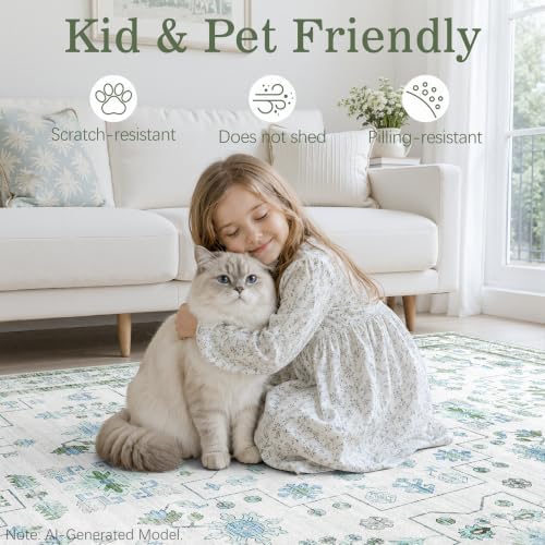DCX Green Washable 4x6 Rug, Vintage Boho Floral Rug - Image 4